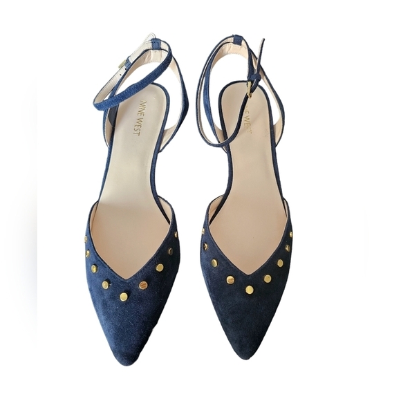Nine West Suede Neavy blue stud wedges ankle strap poited toe shoes slingback 39 - Picture 1 of 5